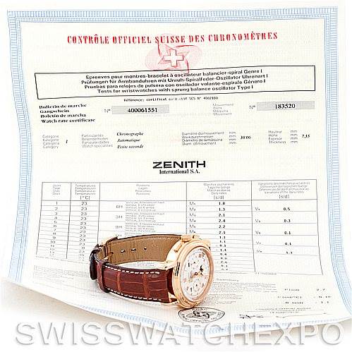 The Chronomaster watch by Zenith is shown at an angled view, placed on top of a certificate background.