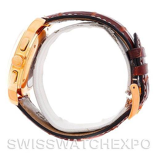 The image shows a side view of the Zenith Chronomaster 17.0240.410 Rose Gold Silver Dial 17.0240.410 Rose Gold Silver Dial watch with its crown, pushers, and leather strap visible.