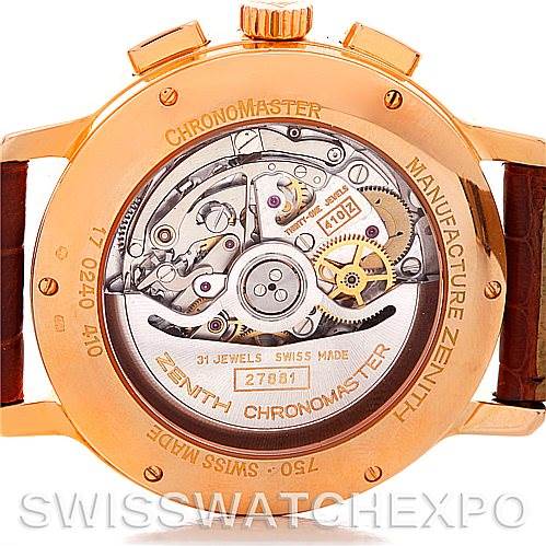 This image shows the back of the Zenith Chronomaster 17.0240.410 Rose Gold Silver Dial 17.0240.410 Rose Gold Silver Dial watch, highlighting its internal movement and mechanical components.