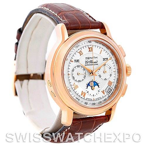 The image shows a Zenith Chronomaster 17.0240.410 Rose Gold Silver Dial 17.0240.410 Rose Gold Silver Dial watch from a three-quarter angle, highlighting its dial, chronograph subdials, and leather strap.