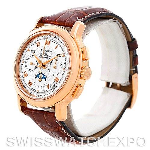 The image shows a Zenith Chronomaster 17.0240.410 Rose Gold Silver Dial 17.0240.410 Rose Gold Silver Dial watch at a three-quarter angle, highlighting the dial, case, and part of the leather strap.