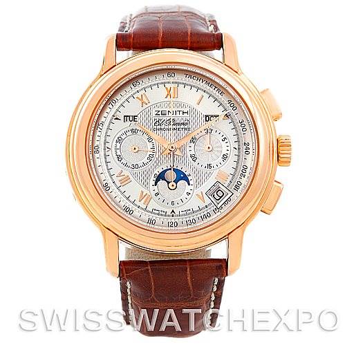 The image shows the front view of a Zenith Chronomaster 17.0240.410 Rose Gold Silver Dial 17.0240.410 Rose Gold Silver Dial watch, highlighting its dial, markers, subdials, and a brown leather strap.