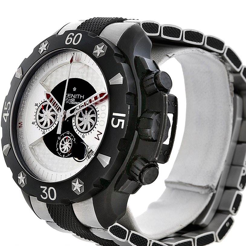 The image shows a close-up angle of the Zenith Defy 96.0525.4000 Men's Titanium Silver Dial 96.0525.4000 Men's Titanium Silver Dial model watch, highlighting its dial, bezel, and side buttons.