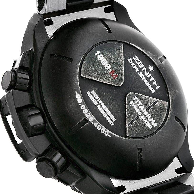 The image shows the back case of the Zenith Defy 96.0525.4000 Men's Titanium Silver Dial 96.0525.4000 Men's Titanium Silver Dial model, highlighting its water resistance and titanium construction.