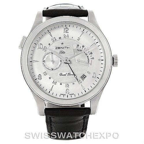 The image shows a Zenith 03.1260.4021/21.C505 Men's Stainless Steel Silver Dial 03.1260.4021/21.C505 Men's Stainless Steel Silver Dial Grande Class Reserve De Marche Dual Time Watch 03.0520.683/01.C492 from the front angle, displaying the dial and strap.