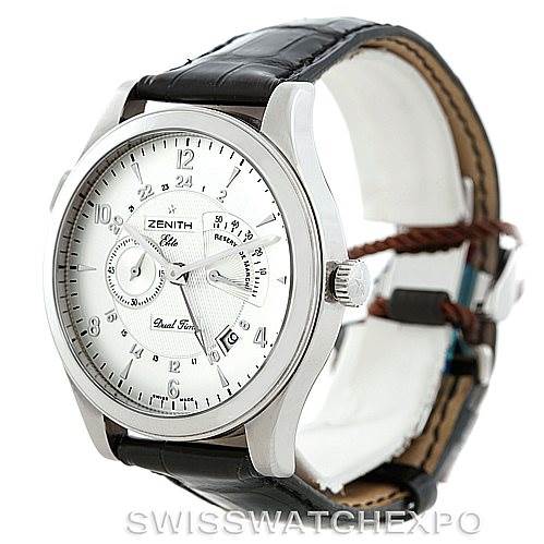 The image shows a Zenith 03.1260.4021/21.C505 Men's Stainless Steel Silver Dial 03.1260.4021/21.C505 Men's Stainless Steel Silver Dial Grande Class Reserve De Marche Dual Time 03.0520.683/01.C492 watch, angled to display its face, case, and strap.