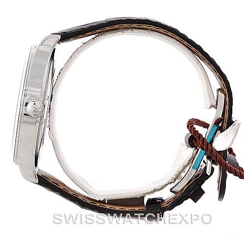 The image shows a side profile of the Zenith 03.1260.4021/21.C505 Men's Stainless Steel Silver Dial 03.1260.4021/21.C505 Men's Stainless Steel Silver Dial Grande Class Reserve De Marche Dual Time Watch 03.0520.683/01.C492 with its leather strap.