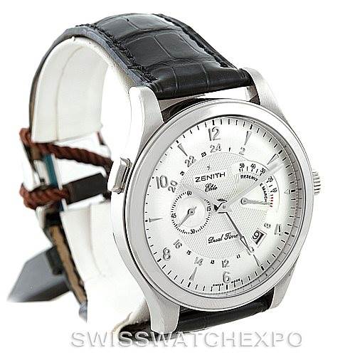 The image shows a side angle view of the Zenith 03.1260.4021/21.C505 Men's Stainless Steel Silver Dial 03.1260.4021/21.C505 Men's Stainless Steel Silver Dial Grande Class Reserve De Marche Dual Time Watch model 03.0520.683/01.C492.