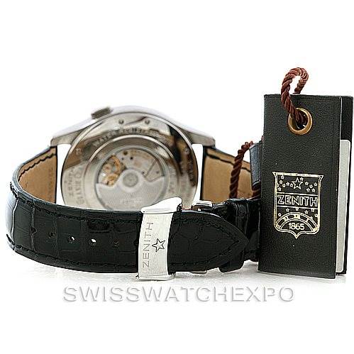 The image shows the back and buckle of the Zenith 03.1260.4021/21.C505 Men's Stainless Steel Silver Dial 03.1260.4021/21.C505 Men's Stainless Steel Silver Dial Grande Class Reserve De Marche Dual Time Watch 03.0520.683/01.C492, along with the tag.