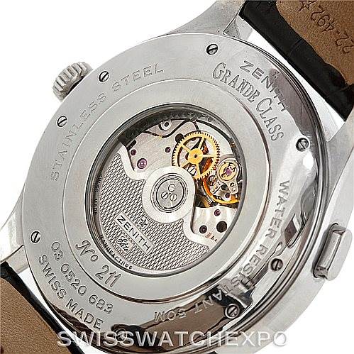 The image shows the back view of the Zenith 03.1260.4021/21.C505 Men's Stainless Steel Silver Dial 03.1260.4021/21.C505 Men's Stainless Steel Silver Dial Grande Class Reserve De Marche Dual Time Watch 03.0520.683/01.C492, highlighting its movement.