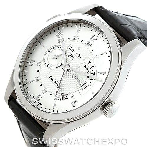 This image shows a Zenith 03.1260.4021/21.C505 Men's Stainless Steel Silver Dial 03.1260.4021/21.C505 Men's Stainless Steel Silver Dial Grande Class Reserve De Marche Dual Time Watch 03.0520.683/01.C492 at an angle highlighting the dial and casing.