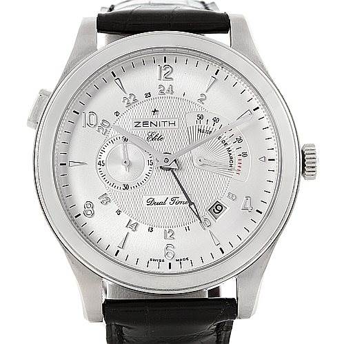 The image showcases the front view of the Zenith 03.1260.4021/21.C505 Men's Stainless Steel Silver Dial 03.1260.4021/21.C505 Men's Stainless Steel Silver Dial Grande Class Reserve De Marche Dual Time Watch 03.0520.683/01.C492.