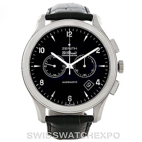 The image shows a front view of the Zenith El Primero 03.0520.4002 Men
s Stainless Steel Black Dial 03.0520.4002 Men
s Stainless Steel Black Dial watch, displaying its black dial, chronograph subdials, and leather strap.