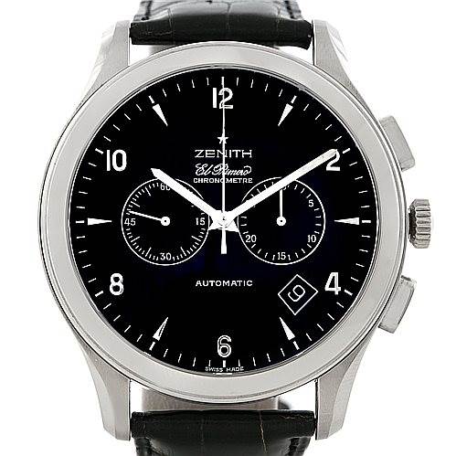 The image shows a Zenith El Primero 03.0520.4002 Men
s Stainless Steel Black Dial 03.0520.4002 Men
s Stainless Steel Black Dial watch with a black dial, two subdials, date display, and a black leather strap, viewed from the front.