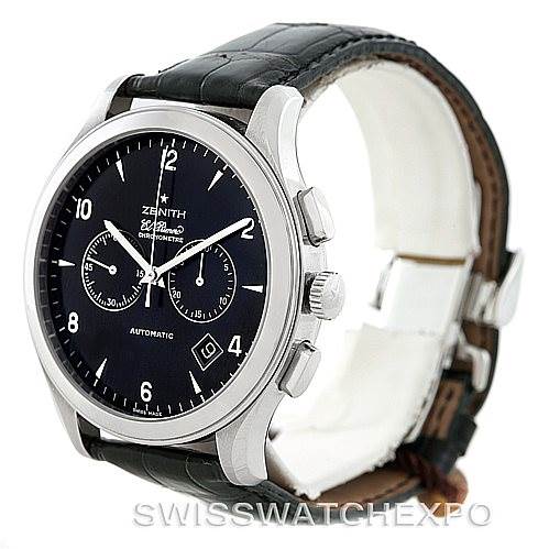 The image shows a front angle of the Zenith El Primero 03.0520.4002 Men
s Stainless Steel Black Dial 03.0520.4002 Men
s Stainless Steel Black Dial watch, highlighting its black dial, chronograph subdials, and leather strap.