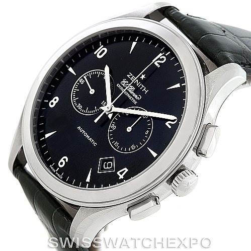 The image shows an angled side view of the Zenith El Primero 03.0520.4002 Men
s Stainless Steel Black Dial 03.0520.4002 Men
s Stainless Steel Black Dial watch, highlighting its black dial, sub-dials, date window, and crown.