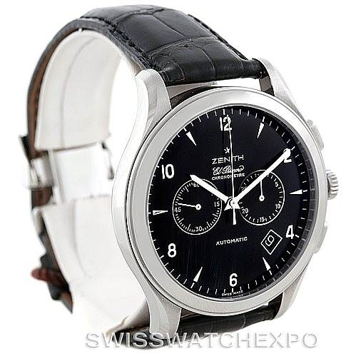 The image shows a Zenith El Primero 03.0520.4002 Men
s Stainless Steel Black Dial 03.0520.4002 Men
s Stainless Steel Black Dial watch at a three-quarter angle displaying the dial, bezel, and leather strap.