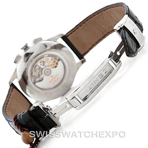 The image shows the back view of a Zenith El Primero 03.0520.4002 Men
s Stainless Steel Black Dial 03.0520.4002 Men
s Stainless Steel Black Dial watch, highlighting its open case back and leather strap with the Zenith buckle.