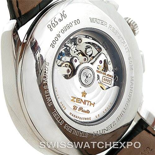 This image shows the back view of the Zenith El Primero 03.0520.4002 Men
s Stainless Steel Black Dial 03.0520.4002 Men
s Stainless Steel Black Dial watch, highlighting its intricate mechanical movement.