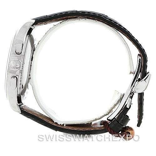 The image shows a side view of a Zenith El Primero 03.0520.4002 Men
s Stainless Steel Black Dial 03.0520.4002 Men
s Stainless Steel Black Dial watch featuring its case, crown, chronograph pushers, and leather strap.