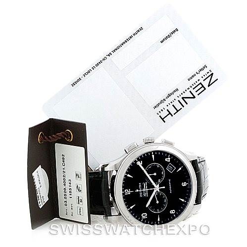 The image shows a Zenith El Primero 03.0520.4002 Men
s Stainless Steel Black Dial 03.0520.4002 Men
s Stainless Steel Black Dial watch from a front angle, with tags and accessories displayed.