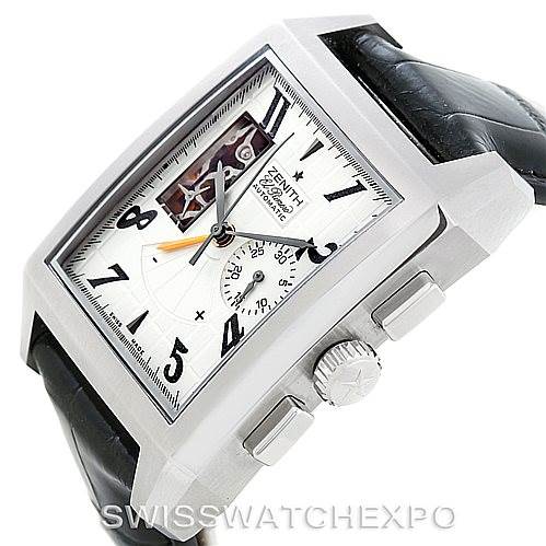 This image shows a side view of the Zenith Port Royal 03.0550.4021/01.C503 Men's Stainless Steel Silver Dial 03.0550.4021/01.C503 Men's Stainless Steel Silver Dial watch, highlighting its rectangular case, dial, crown, pushers, and leather strap.