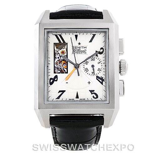 The image shows a front angle view of the Zenith Port Royal 03.0550.4021/01.C503 Men's Stainless Steel Silver Dial 03.0550.4021/01.C503 Men's Stainless Steel Silver Dial watch, featuring a rectangular case, open balance wheel, and a black leather strap.