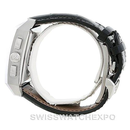 The image shows the side view of a Zenith Port Royal 03.0550.4021/01.C503 Men's Stainless Steel Silver Dial 03.0550.4021/01.C503 Men's Stainless Steel Silver Dial watch, highlighting the crown, buttons, and leather strap.