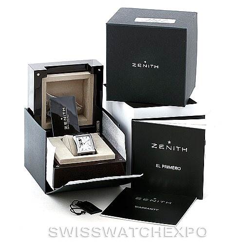 The image shows the Zenith Port Royal 03.0550.4021/01.C503 Men's Stainless Steel Silver Dial 03.0550.4021/01.C503 Men's Stainless Steel Silver Dial watch in a display box, with additional packaging, a manual, and a warranty card.