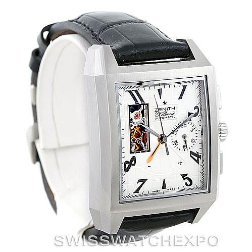 The image shows a front angle of a Zenith Port Royal 03.0550.4021/01.C503 Men's Stainless Steel Silver Dial 03.0550.4021/01.C503 Men's Stainless Steel Silver Dial model watch, highlighting the face, case, strap, and crown.