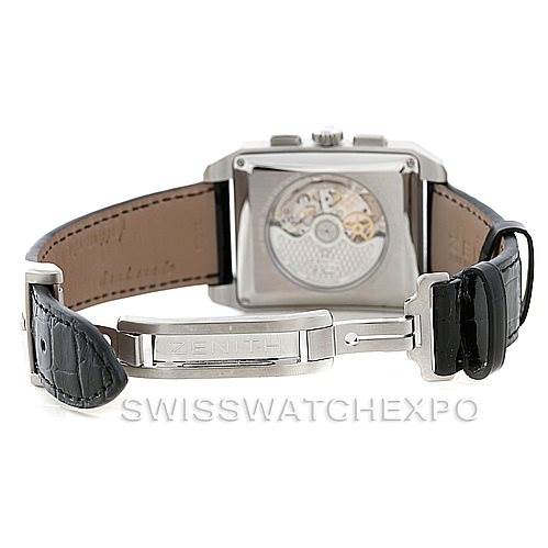 The Zenith Port Royal 03.0550.4021/01.C503 Men's Stainless Steel Silver Dial 03.0550.4021/01.C503 Men's Stainless Steel Silver Dial watch is shown from the rear angle, displaying the open case back and leather strap with a Zenith clasp.