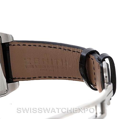 The image shows a close-up of the leather strap and buckle of a Zenith Port Royal 03.0550.4021/01.C503 Men's Stainless Steel Silver Dial 03.0550.4021/01.C503 Men's Stainless Steel Silver Dial watch.