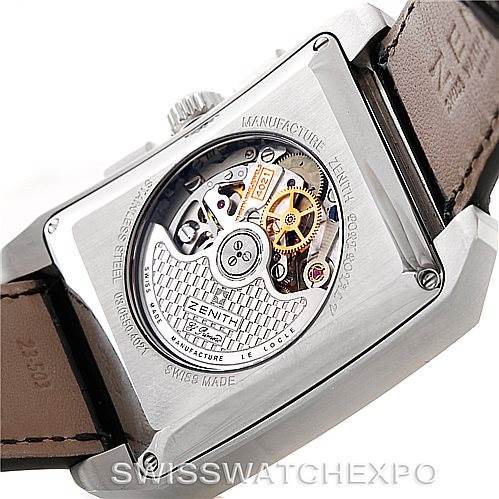 This image shows a close-up of the back of a Zenith Port Royal 03.0550.4021/01.C503 Men's Stainless Steel Silver Dial 03.0550.4021/01.C503 Men's Stainless Steel Silver Dial watch, highlighting the movement and internal mechanics.