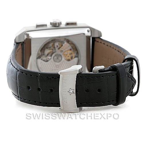 The Zenith Port Royal 03.0550.4021/01.C503 Men's Stainless Steel Silver Dial 03.0550.4021/01.C503 Men's Stainless Steel Silver Dial watch is shown from the rear, displaying its black leather strap and transparent case back revealing the movement.