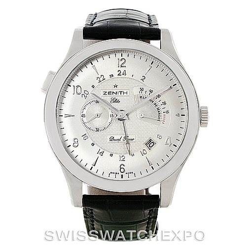 This image shows a frontal view of the Zenith 03.1260.4021/21.C505 Men's Stainless Steel Silver Dial 03.1260.4021/21.C505 Men's Stainless Steel Silver Dial Grande Class Reserve De Marche Dual Time Watch 03.0520.683/01.C492.