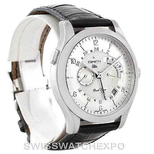 The Zenith 03.1260.4021/21.C505 Men's Stainless Steel Silver Dial 03.1260.4021/21.C505 Men's Stainless Steel Silver Dial Grande Class Reserve De Marche Dual Time Watch model 03.0520.683/01.C492 is shown at a three-quarter view angle, highlighting its dial and black leather strap.