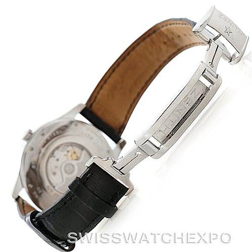 The image shows the back view of the Zenith 03.1260.4021/21.C505 Men's Stainless Steel Silver Dial 03.1260.4021/21.C505 Men's Stainless Steel Silver Dial Grande Class Reserve De Marche Dual Time Watch 03.0520.683/01.C492, including the open clasp and partially visible strap.