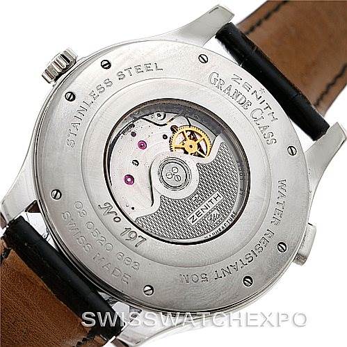 This image shows the back view of the Zenith 03.1260.4021/21.C505 Men's Stainless Steel Silver Dial 03.1260.4021/21.C505 Men's Stainless Steel Silver Dial Grande Class Reserve De Marche Dual Time Watch 03.0520.683/01.C492, highlighting its inner movement.