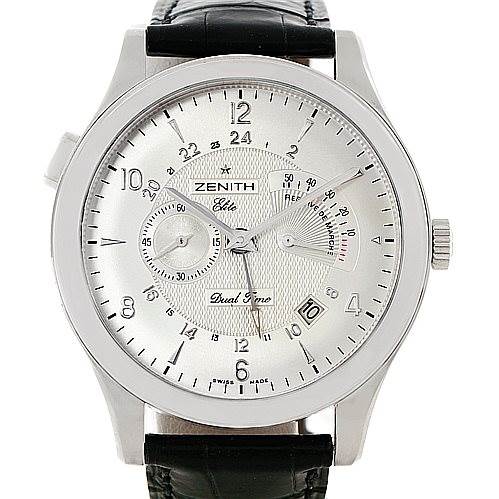 The image shows a head-on view of the Zenith 03.1260.4021/21.C505 Men's Stainless Steel Silver Dial 03.1260.4021/21.C505 Men's Stainless Steel Silver Dial Grande Class Reserve De Marche Dual Time Watch 03.0520.683/01.C492, displaying its entire face and bezel.