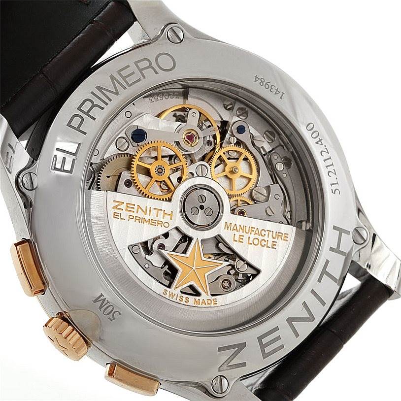 This image shows the back view of the Zenith Captain 51.2112.400 Men's Steel and Gold (two tone) Brown Dial 51.2112.400 Men's Steel and Gold (two tone) Brown Dial watch, revealing the intricate inner movement mechanism.