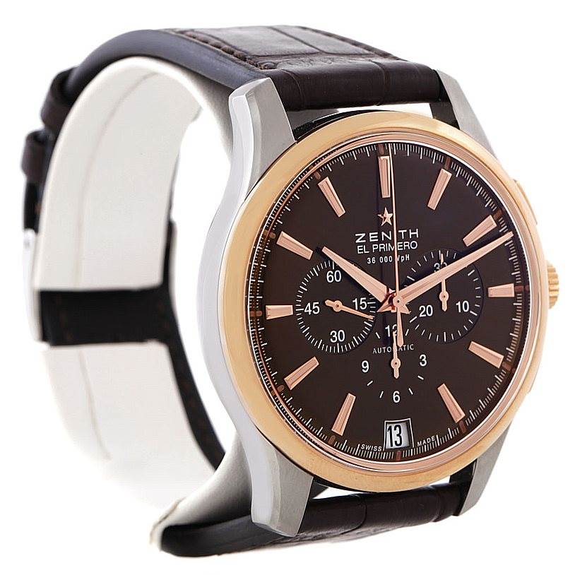 This image shows a side-angle view of the Zenith Captain 51.2112.400 Men's Steel and Gold (two tone) Brown Dial 51.2112.400 Men's Steel and Gold (two tone) Brown Dial model watch, highlighting the face, bezel, and leather strap.