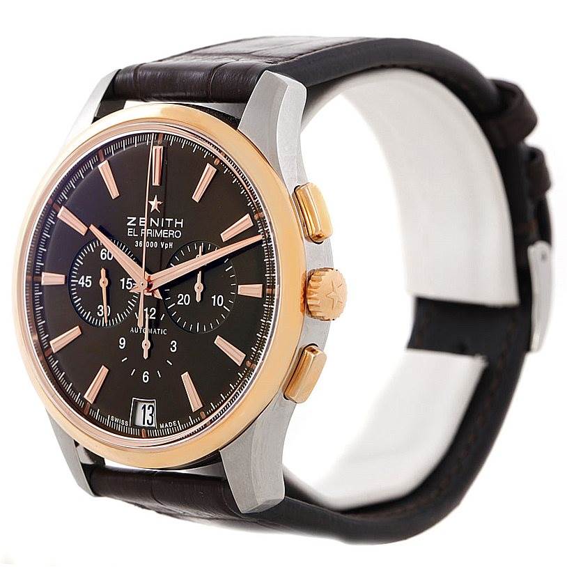 The Zenith Captain 51.2112.400 Men's Steel and Gold (two tone) Brown Dial 51.2112.400 Men's Steel and Gold (two tone) Brown Dial model watch is shown at an angle displaying its face, crown, chronograph pushers, and leather strap.