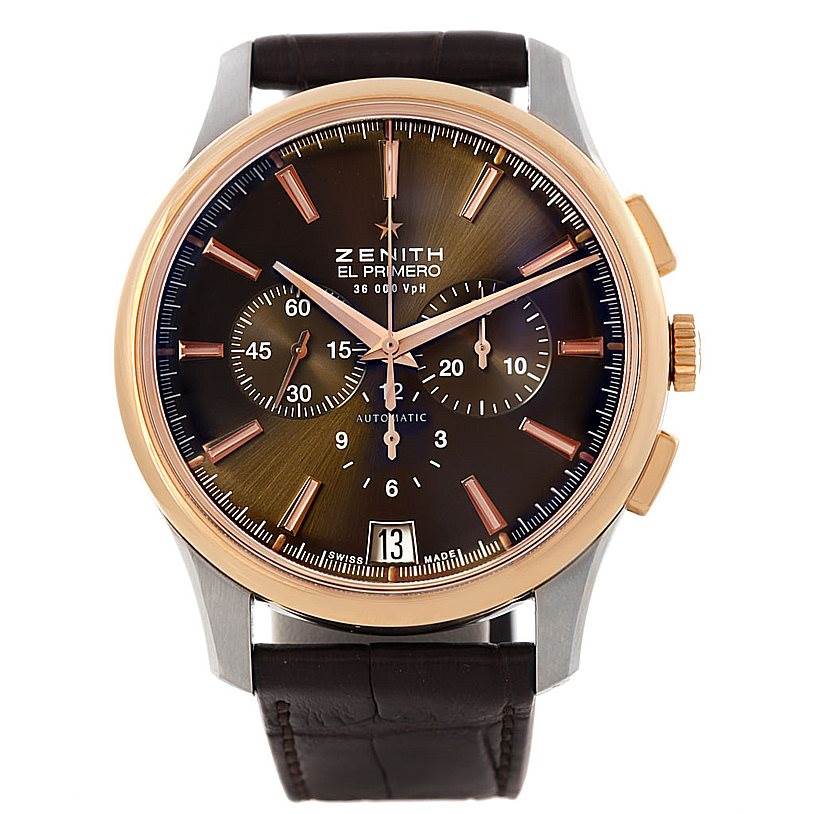 The image displays a front view of a Zenith Captain 51.2112.400 Men's Steel and Gold (two tone) Brown Dial 51.2112.400 Men's Steel and Gold (two tone) Brown Dial model watch, highlighting its dial, hands, and leather strap.