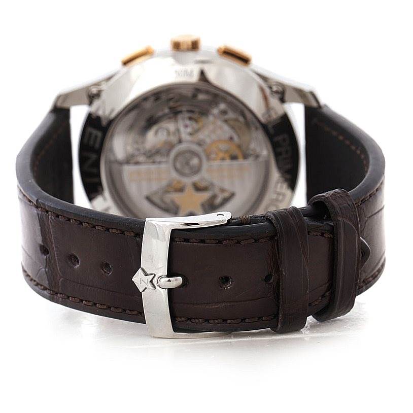 The image shows the back of the Zenith Captain 51.2112.400 Men's Steel and Gold (two tone) Brown Dial 51.2112.400 Men's Steel and Gold (two tone) Brown Dial watch, including its leather strap and buckle.