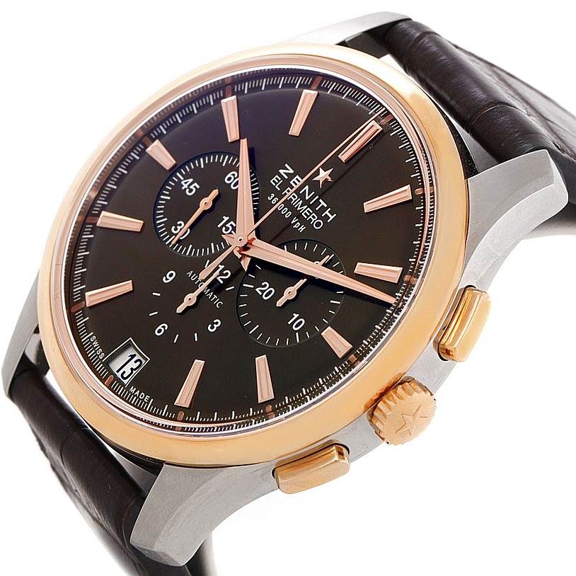 The image shows a close-up angle of the dial, crown, and pushers of the Zenith Captain 51.2112.400 Men's Steel and Gold (two tone) Brown Dial 51.2112.400 Men's Steel and Gold (two tone) Brown Dial watch.