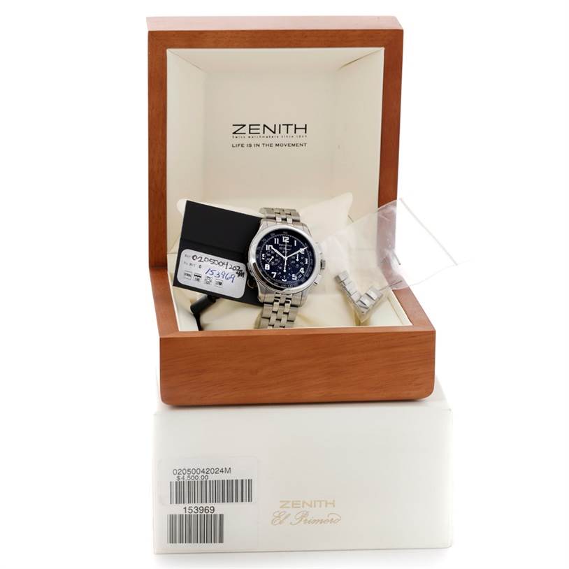 The Zenith El Primero 02 05004 20 Men
s Stainless Steel Black Dial 02 05004 20 Men
s Stainless Steel Black Dial watch is shown front-on in its box, accompanied by tags and an extra bracelet.