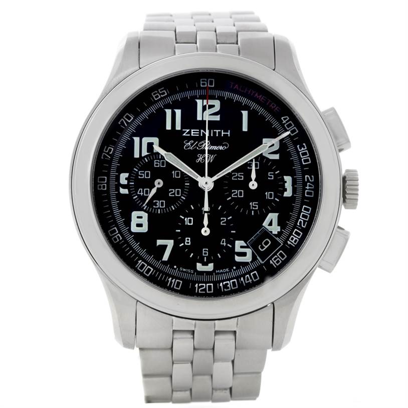 This image shows a straight-on view of the Zenith El Primero 02 05004 20 Men
s Stainless Steel Black Dial 02 05004 20 Men
s Stainless Steel Black Dial watch, displaying its face, steel case, and bracelet.