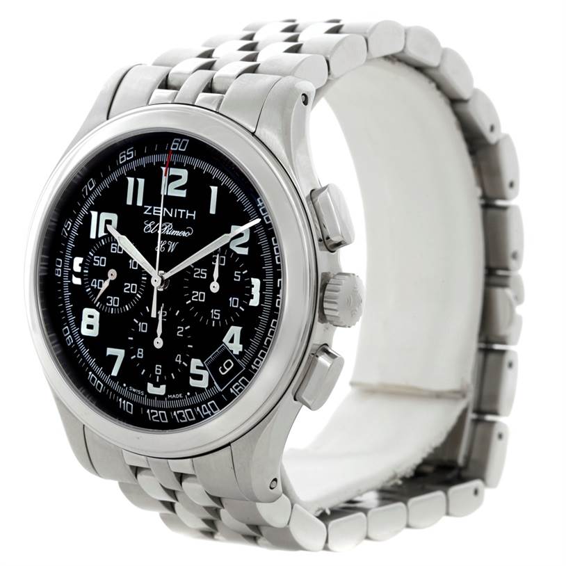 The Zenith El Primero 02 05004 20 Men
s Stainless Steel Black Dial 02 05004 20 Men
s Stainless Steel Black Dial watch is presented at a three-quarter angle showing its black dial, crown, pushers, and bracelet.