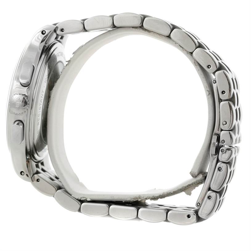 The image shows a side view of a Zenith El Primero 02 05004 20 Men
s Stainless Steel Black Dial 02 05004 20 Men
s Stainless Steel Black Dial watch, detailing the case, pushers, and metal bracelet.