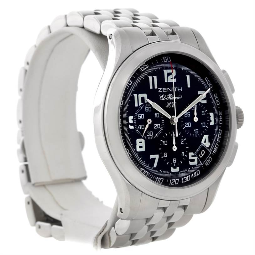 The Zenith El Primero 02 05004 20 Men
s Stainless Steel Black Dial 02 05004 20 Men
s Stainless Steel Black Dial watch is shown from a front-left angle, highlighting its face, bracelet, and side push-buttons.